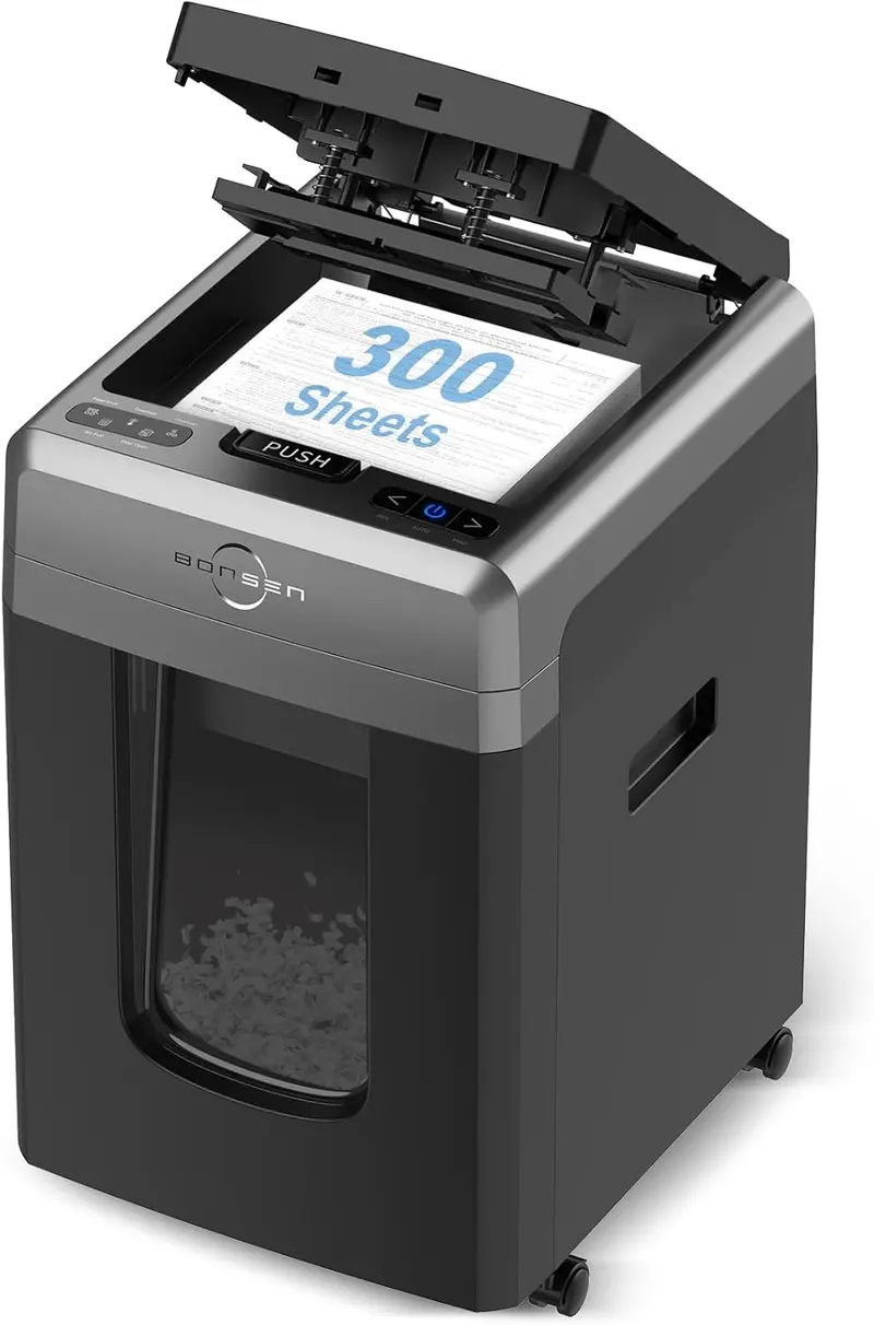 BONSEN Auto-Feed Paper Shredder — 300-Sheet Capacity, P-4 Security Level, Whisper-Quiet Operation & 8.1-Gallon Waste Bin