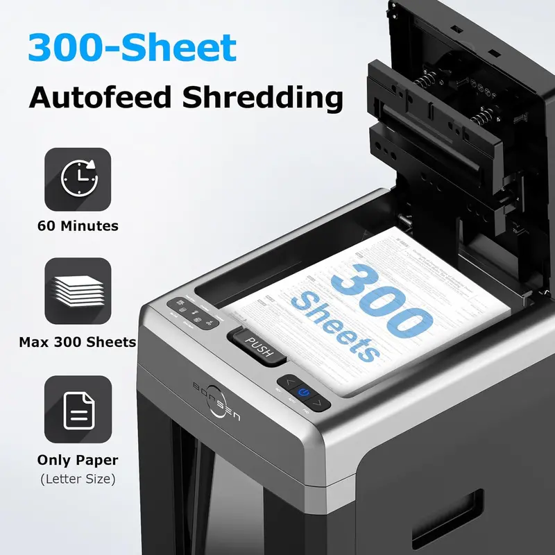 BONSEN Auto-Feed Paper Shredder — 300-Sheet Capacity, P-4 Security Level, Whisper-Quiet Operation & 8.1-Gallon Waste Bin