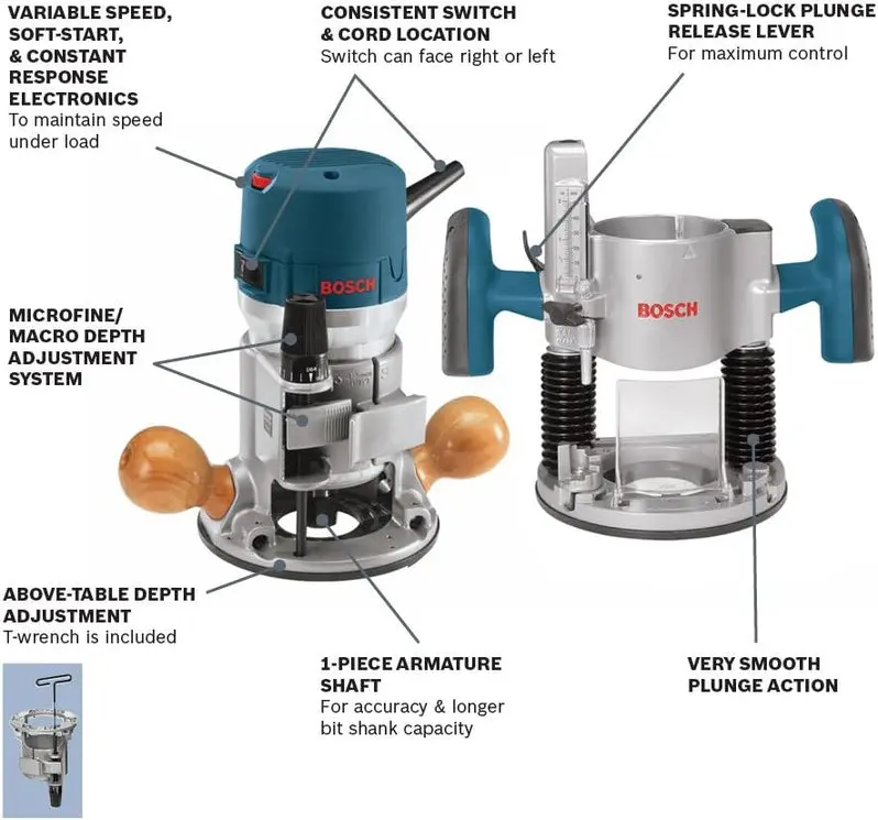 BOSCH 1617EVSPK Dual-Base Router Combo Kit – 12-Amp, 2.25 HP Variable-Speed Plunge and Fixed Base Wood Router