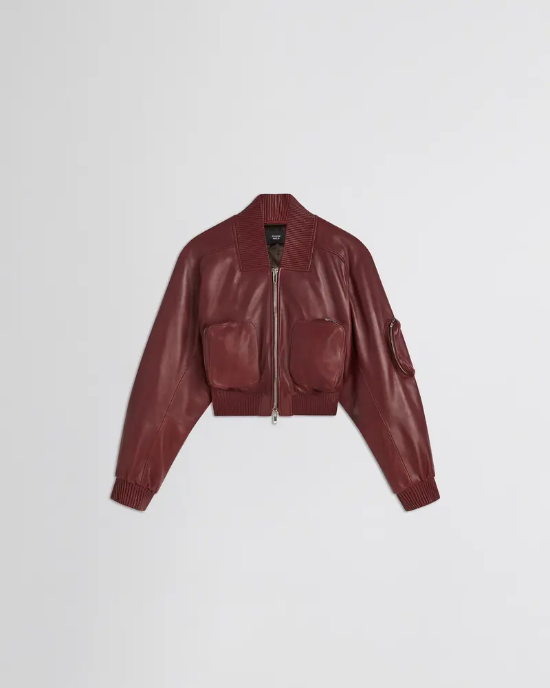 Brick Nappa Leather Cropped Bomber Jacket