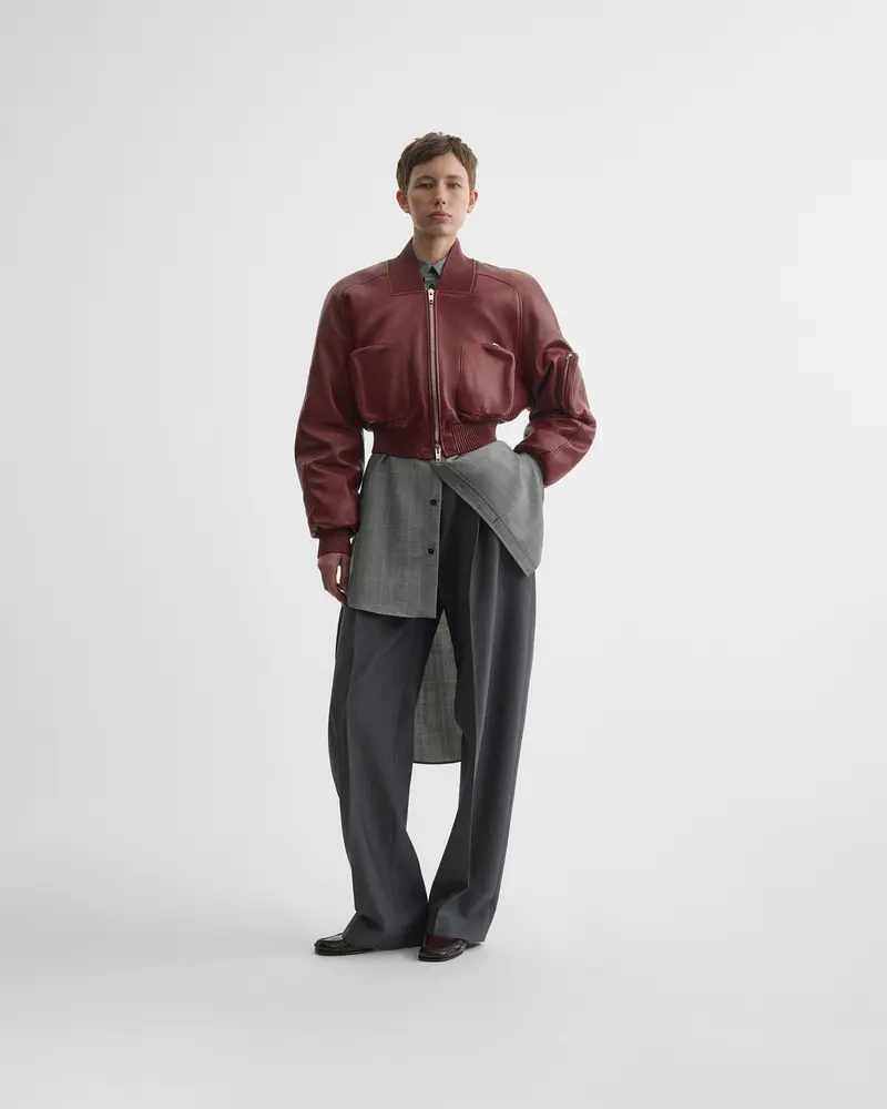 Brick Nappa Leather Cropped Bomber Jacket