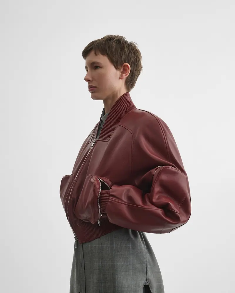 Brick Nappa Leather Cropped Bomber Jacket