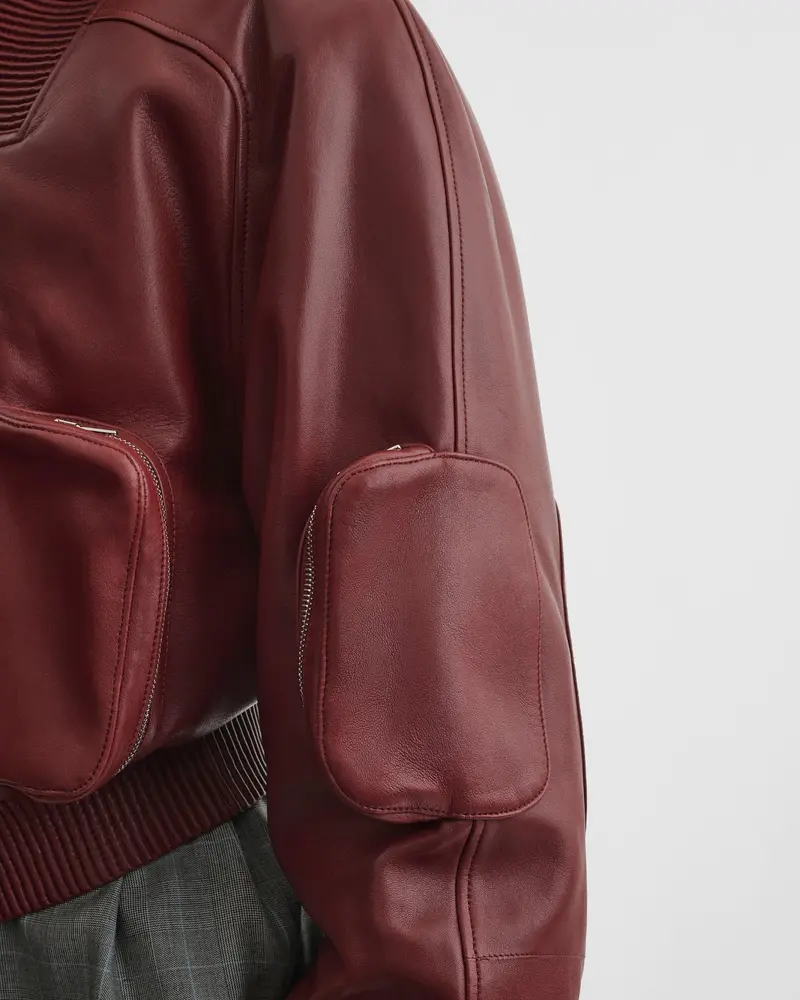 Brick Nappa Leather Cropped Bomber Jacket