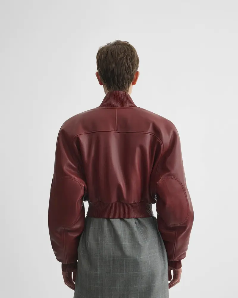 Brick Nappa Leather Cropped Bomber Jacket