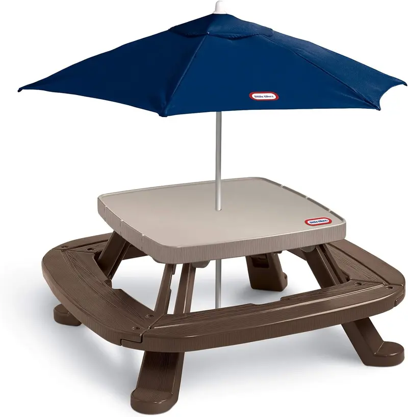 Brown Wooden Picnic Table with Built-In Market Umbrella – All-in-One Outdoor Dining and Shade Solution 2