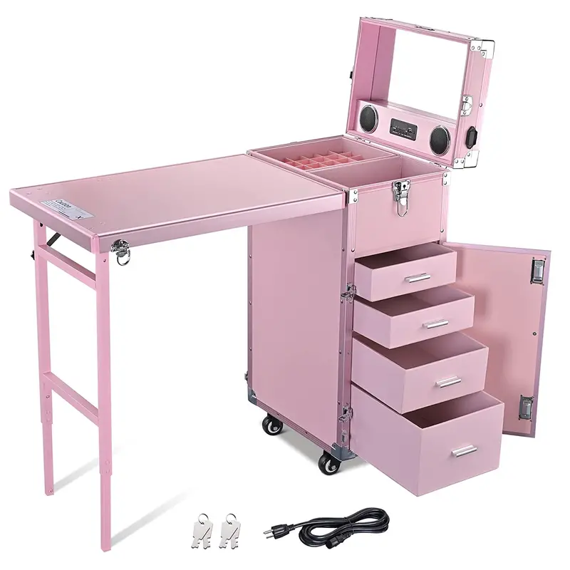 Byootique Portable Pink Nail & Makeup Station – Foldable Vanity with LED Mirror, Four Drawers, Bluetooth Speaker, and USB Charging Port