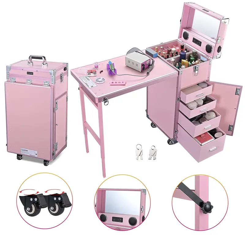 Byootique Portable Pink Nail & Makeup Station – Foldable Vanity with LED Mirror, Four Drawers, Bluetooth Speaker, and USB Charging Port 2