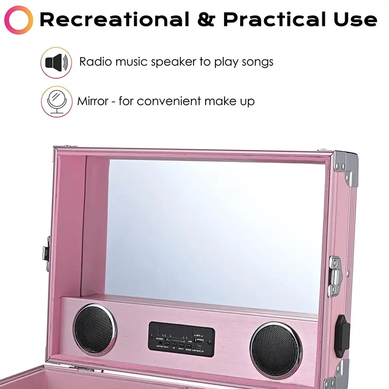 Byootique Portable Pink Nail & Makeup Station – Foldable Vanity with LED Mirror, Four Drawers, Bluetooth Speaker, and USB Charging Port