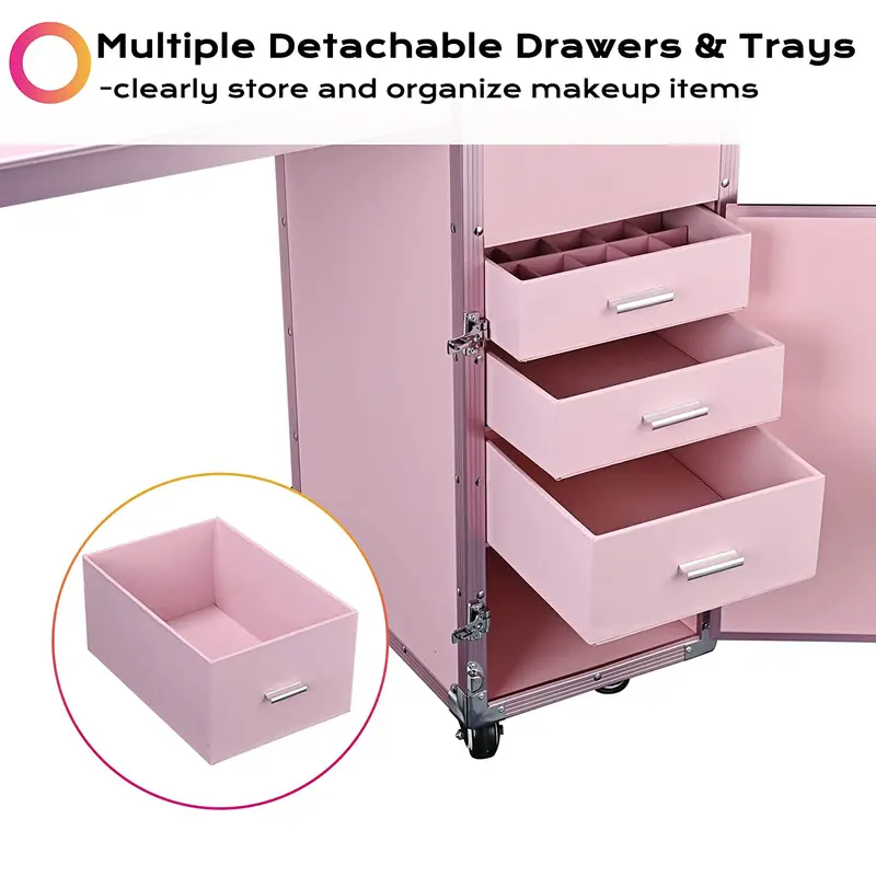 Byootique Portable Pink Nail & Makeup Station – Foldable Vanity with LED Mirror, Four Drawers, Bluetooth Speaker, and USB Charging Port