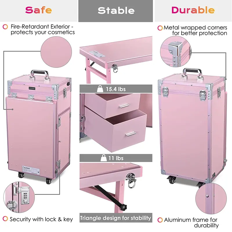 Byootique Portable Pink Nail & Makeup Station – Foldable Vanity with LED Mirror, Four Drawers, Bluetooth Speaker, and USB Charging Port