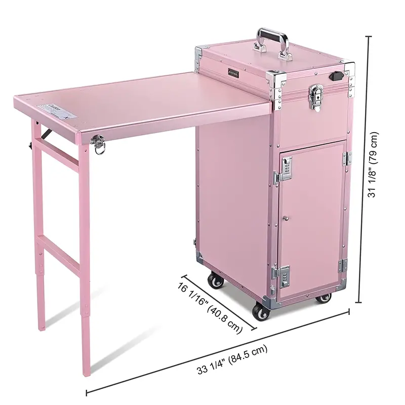 Byootique Portable Pink Nail & Makeup Station – Foldable Vanity with LED Mirror, Four Drawers, Bluetooth Speaker, and USB Charging Port