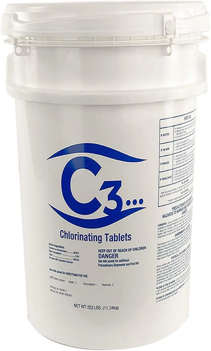 C3 Premium 3-Inch Stabilized Chlorine Tablets – UV-Resistant, Slow-Dissolving Sanitizer for Residential Pools and Spas (50-Lb Bag)
