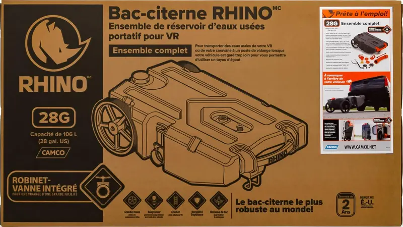 Camco Rhino RV Waste Tank – 28-Gallon Leakproof & Odor-Blocking Holding Container with Hose Kit