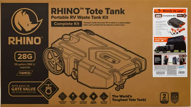 Camco Rhino RV Waste Tank – 28-Gallon Leakproof & Odor-Blocking Holding Container with Hose Kit
