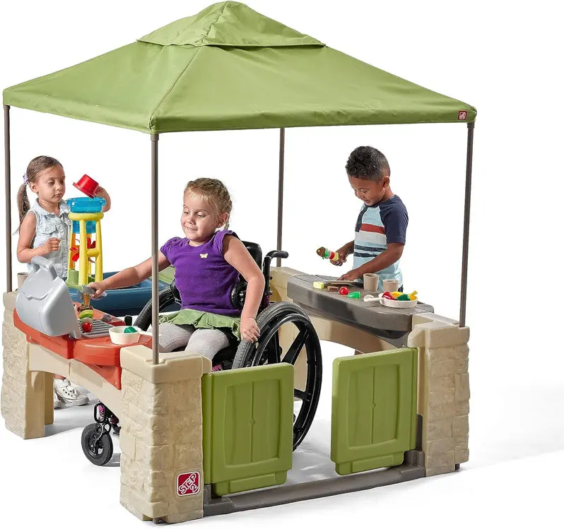 Canopy-Style Outdoor Play Patio – All-in-One Setup with Built-in Pretend Kitchen Area