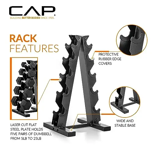 CAP Barbell 150 lb Hex Dumbbell Set – Coated Weight Plates with Vertical Rack (Black)