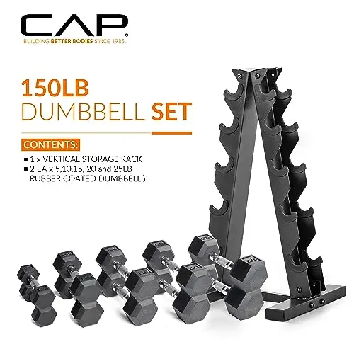 CAP Barbell 150 lb Hex Dumbbell Set – Coated Weight Plates with Vertical Rack (Black)