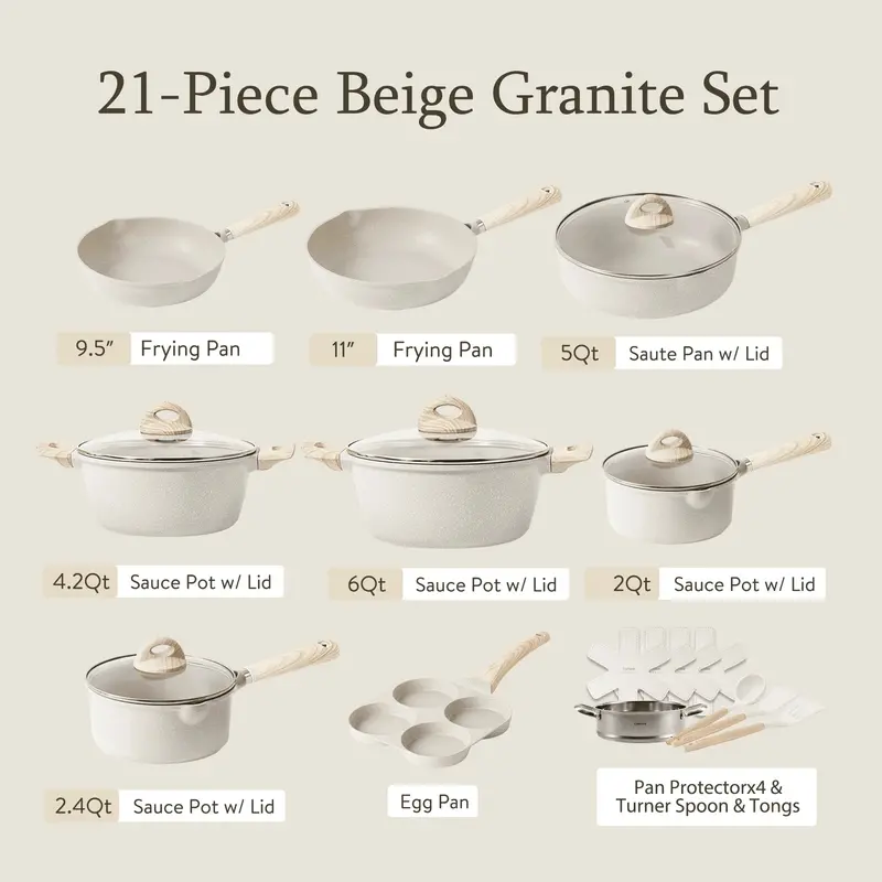 Carote 21-Piece Granite Nonstick Cookware Set — Eco-Conscious Coating, Induction-Compatible, Beige Design