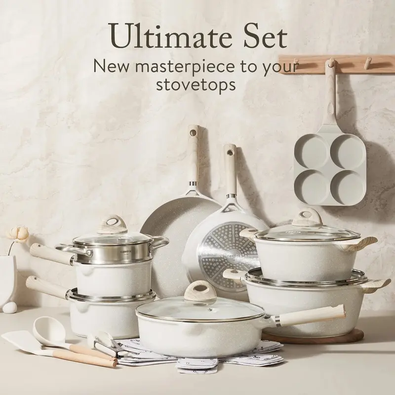 Carote 21-Piece Granite Nonstick Cookware Set — Eco-Conscious Coating, Induction-Compatible, Beige Design