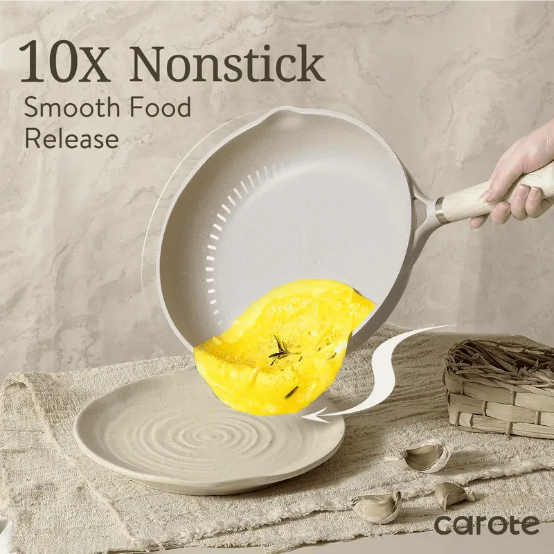 Carote 21-Piece Granite Nonstick Cookware Set — Eco-Conscious Coating, Induction-Compatible, Beige Design