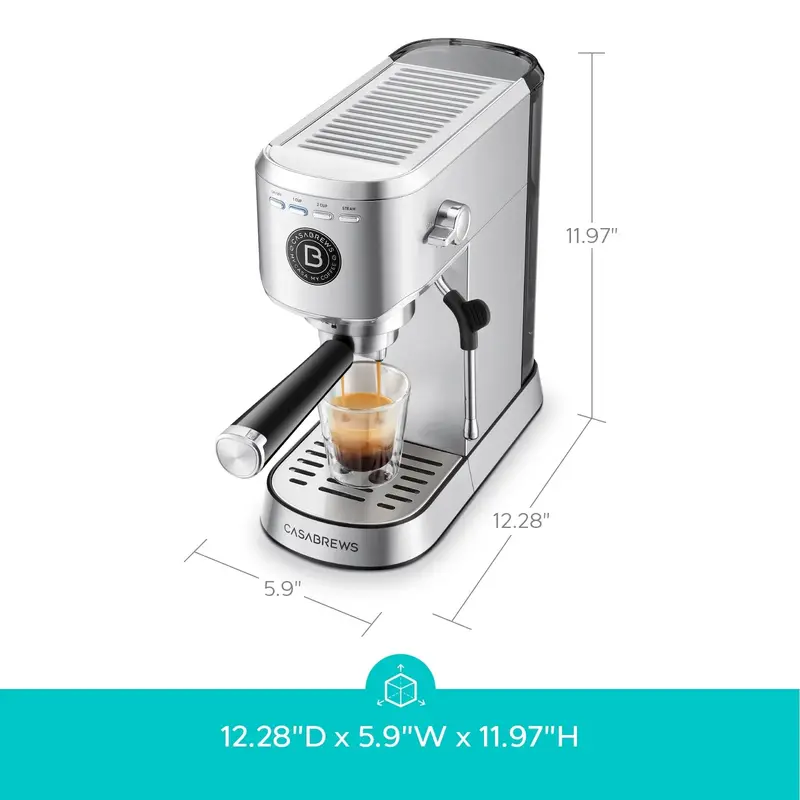 CASABREWS 5418 Espresso Maker – 20-Bar Pressure Pump, 34oz Water Reservoir, Steam Wand Frother, Sleek Silver Design