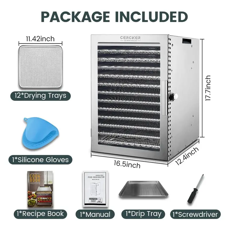 Cercker 12-Tray Stainless Steel Food Dehydrator – High-Capacity Home Drying System for Snacks & Preserves