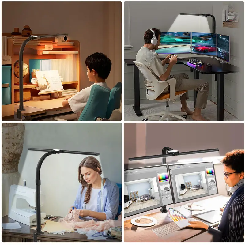 Clamp-Mount Dual-Light LED Desk Lamp – 24W Output, Adjustable CCT and Brightness, Articulating Gooseneck for Workspaces
