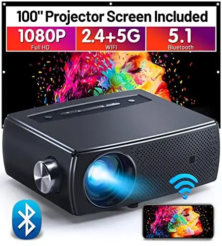 CLOKOWE Mini Bluetooth Projector – 9600 Lumens, Full HD 1080P with 5G WiFi, 4K Upscaling, Dolby Audio, and Digital Zoom