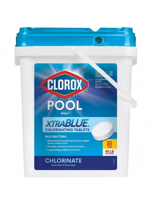 Clorox Xtra Blue 3-Inch Chlorinating Tablets – 40 lb Bucket (80 Tablets) for Pool and Spa Sanitization