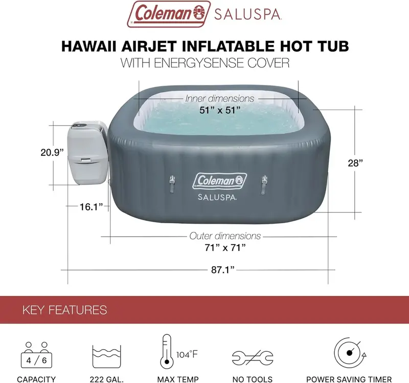 Coleman Square Portable Inflatable Hot Tub — 4–6 Person Spa Featuring 114 Air Jets & Thermal Insulated Cover