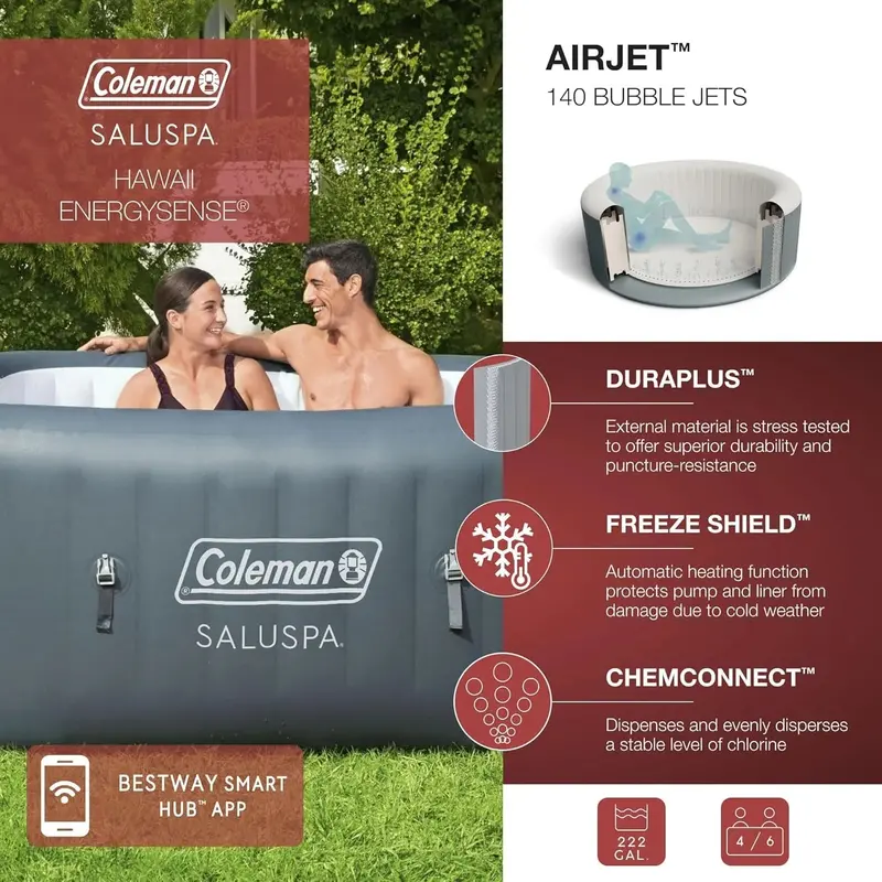 Coleman Square Portable Inflatable Hot Tub — 4–6 Person Spa Featuring 114 Air Jets & Thermal Insulated Cover