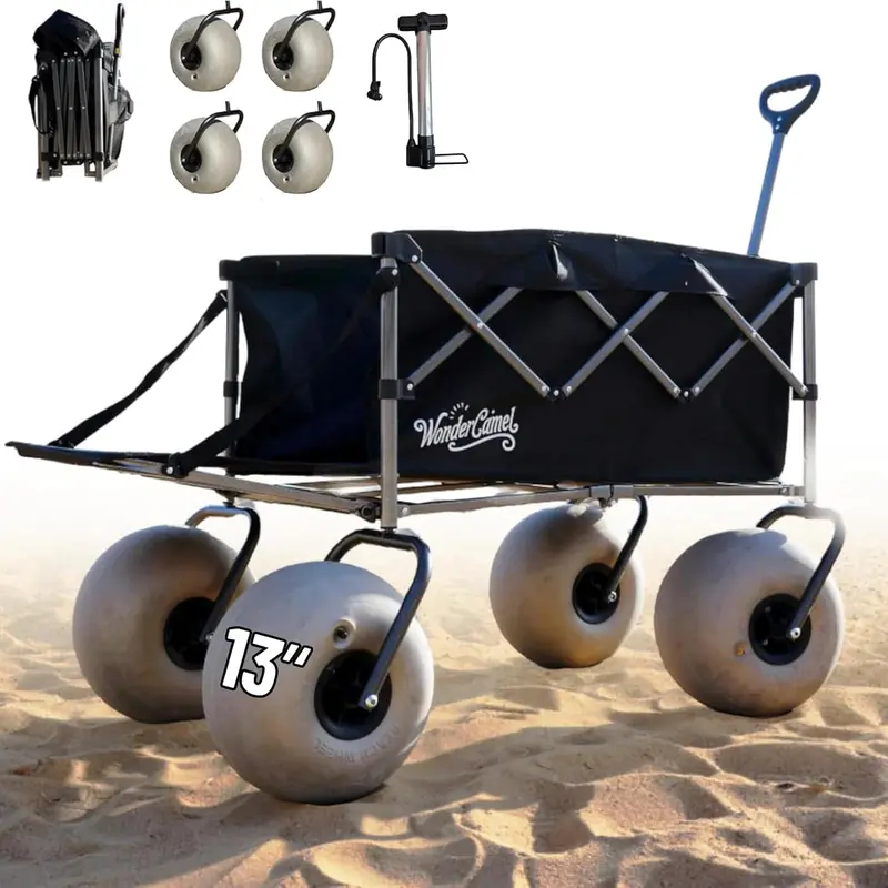 Collapsible All-Terrain Beach Wagon — 13-Inch Balloon Tires, 185-Liter Load Capacity & One-Touch Fold Mechanism