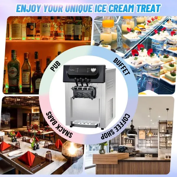 Commercial 2200W Triple-Flavor Soft Serve Machine – Output: 5.3–7.4 Gallons/Hour, LCD Interface & Self-Cleaning Function