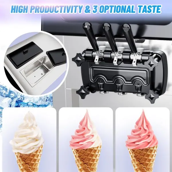 Commercial 2200W Triple-Flavor Soft Serve Machine – Output: 5.3–7.4 Gallons/Hour, LCD Interface & Self-Cleaning Function