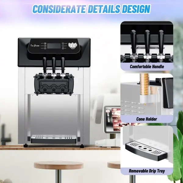 Commercial 2200W Triple-Flavor Soft Serve Machine – Output: 5.3–7.4 Gallons/Hour, LCD Interface & Self-Cleaning Function