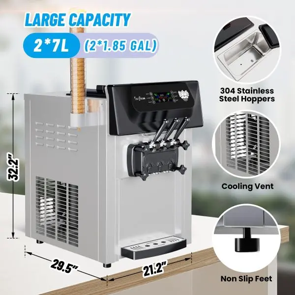 Commercial 2200W Triple-Flavor Soft Serve Machine – Output: 5.3–7.4 Gallons/Hour, LCD Interface & Self-Cleaning Function