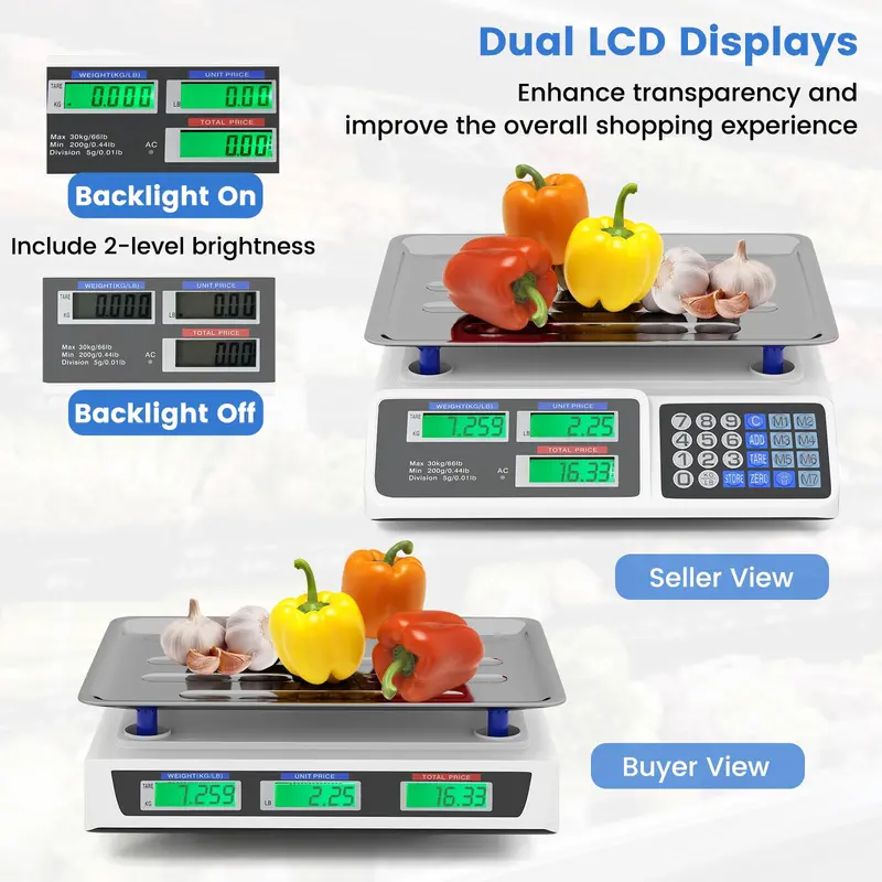 Commercial Price Computing Scale – 66-Pound Capacity with Dual LCD Displays
