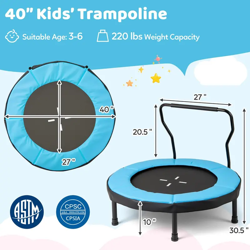 Compact 40-Inch Trampoline Kit – Includes Safety Pad & Foam Handlebar for Indoor/Outdoor Use