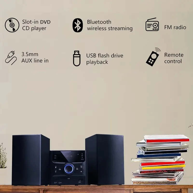 Compact Bluetooth Stereo System – CD Playback, Wireless Streaming, FM Tuner, USB/MP3 Input, 30W RMS Output
