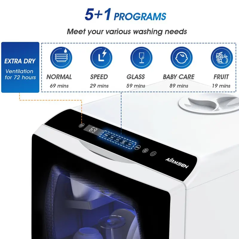 Compact Countertop Dishwasher with 5L Built-in Tank – 5 Wash Programs & Eco-Friendly Air-Dry Cycle