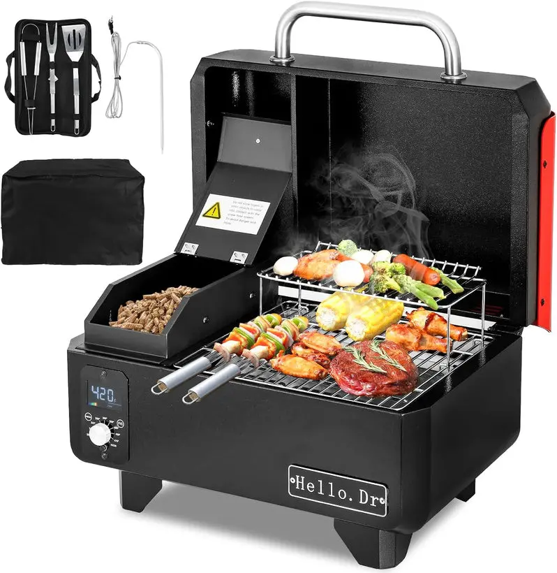 Compact Electric Pellet Grill & Smoker – 8-in-1 Portable BBQ for RVs, Camping, and Tailgates | Precision Temperature Control with Steam-Assisted Cooking