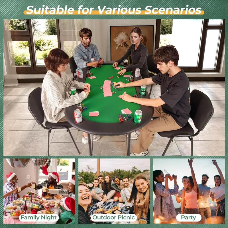 Compact Foldable Texas Hold’em Poker Table for 8 Players Featuring Built-in Cup Holders