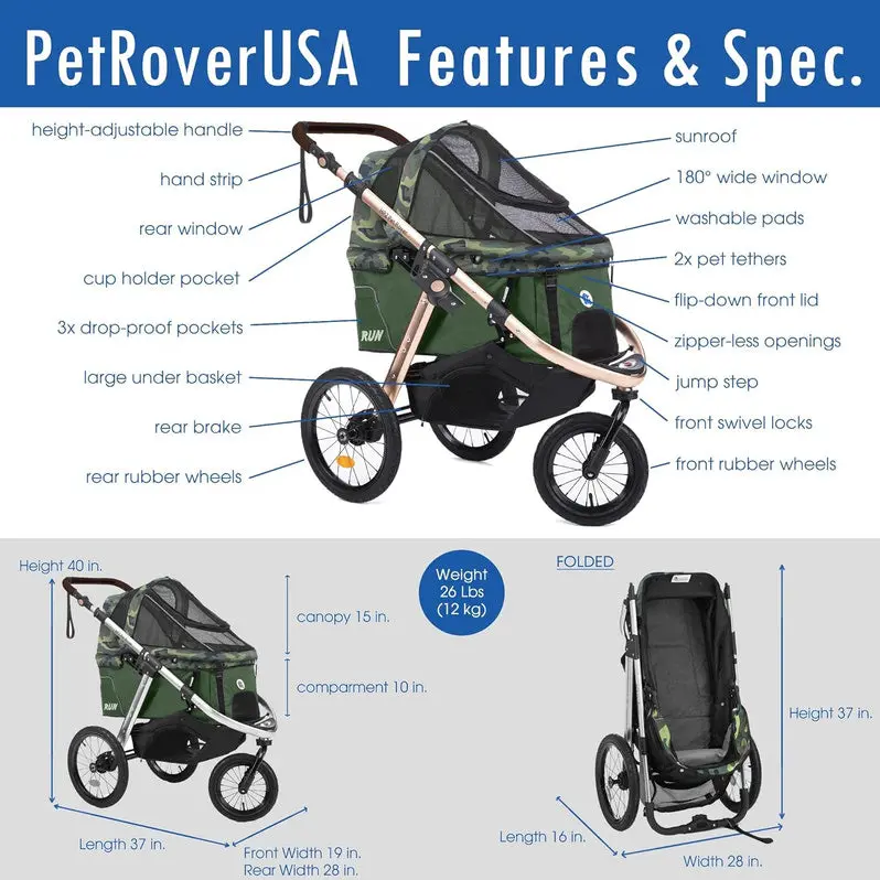 Compact Pet Jogging Stroller – Lightweight, One-Hand Fold Design with Zipper-Free Entry & All-Terrain Rubber Wheels (Green Camo)