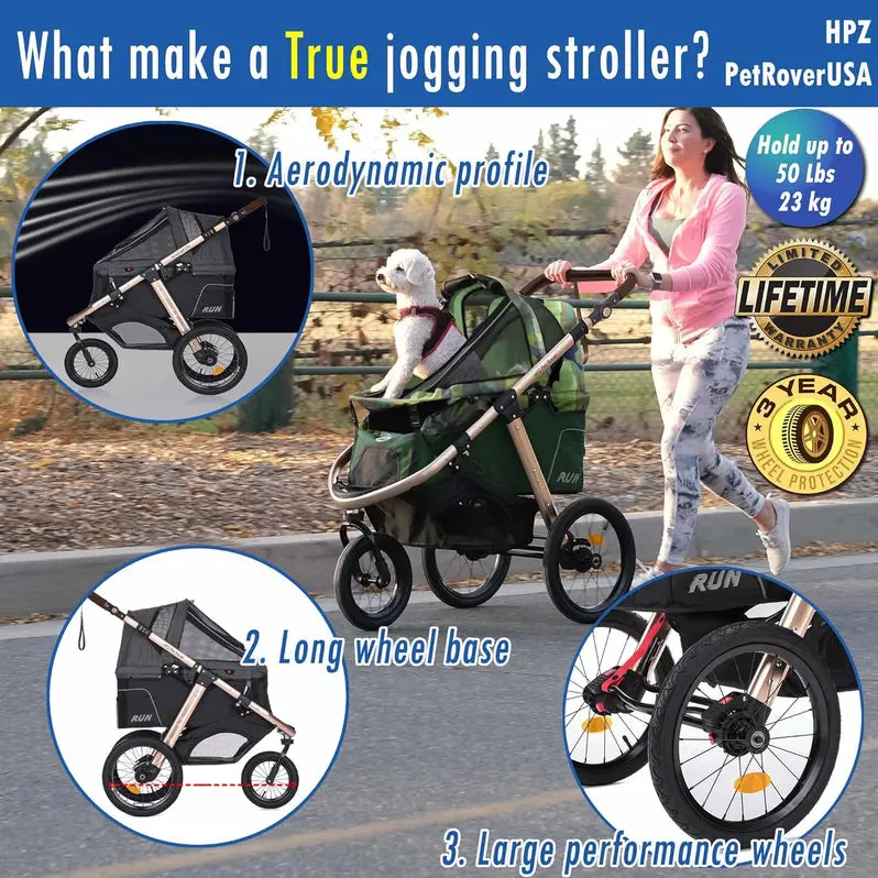 Compact Pet Jogging Stroller – Lightweight, One-Hand Fold Design with Zipper-Free Entry & All-Terrain Rubber Wheels (Green Camo)