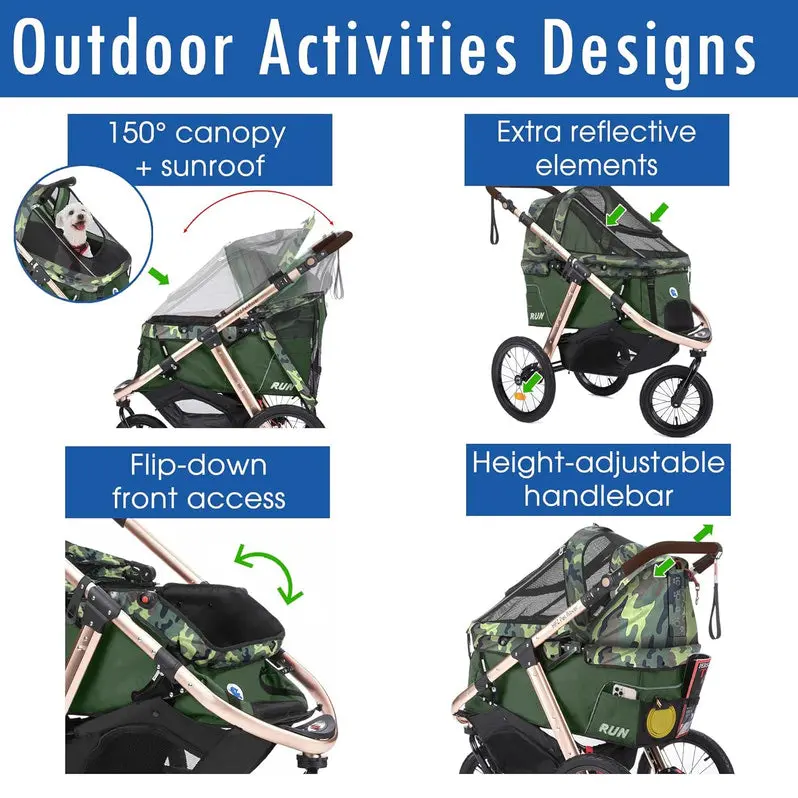 Compact Pet Jogging Stroller – Lightweight, One-Hand Fold Design with Zipper-Free Entry & All-Terrain Rubber Wheels (Green Camo)