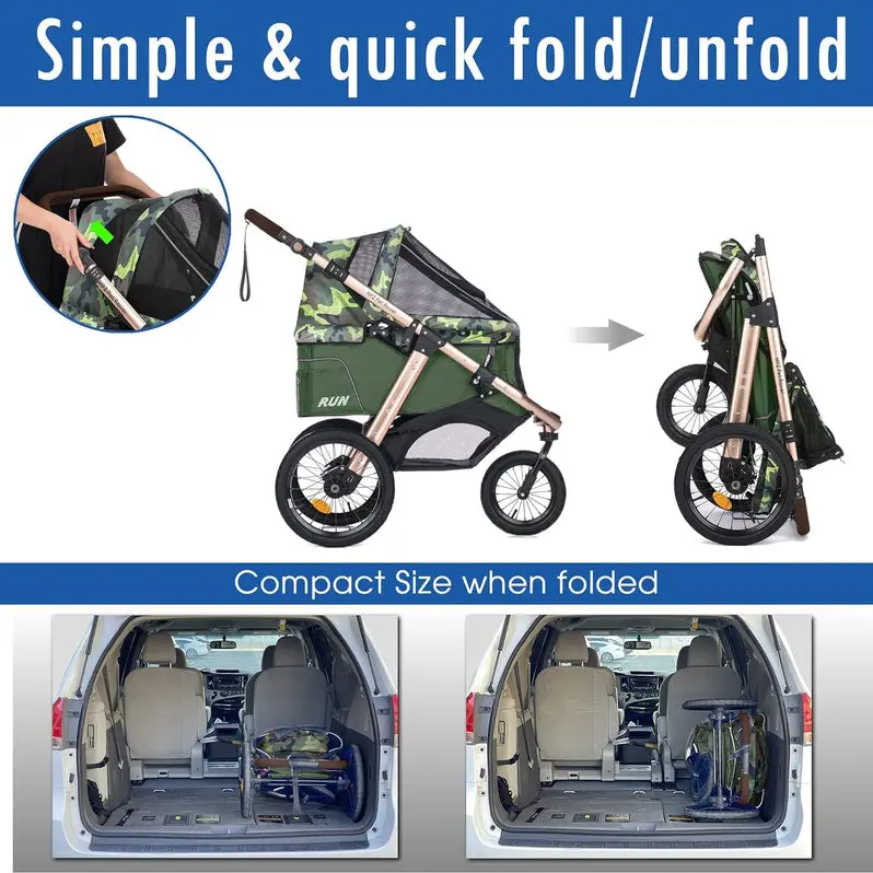 Compact Pet Jogging Stroller – Lightweight, One-Hand Fold Design with Zipper-Free Entry & All-Terrain Rubber Wheels (Green Camo)