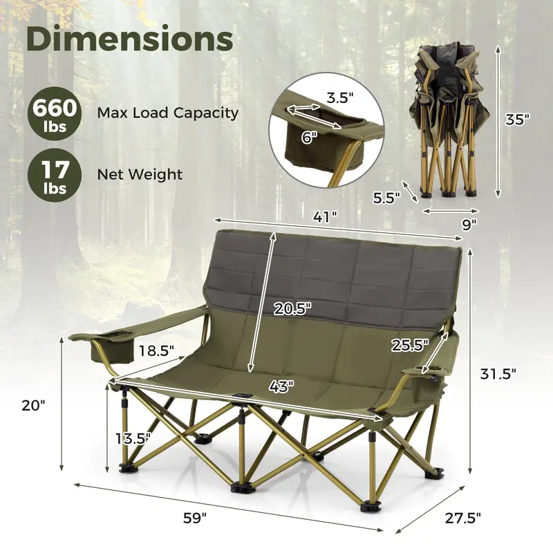 Compact Two-Person Folding Loveseat Chair — Ideal for Patios, Campsites, and Backyards