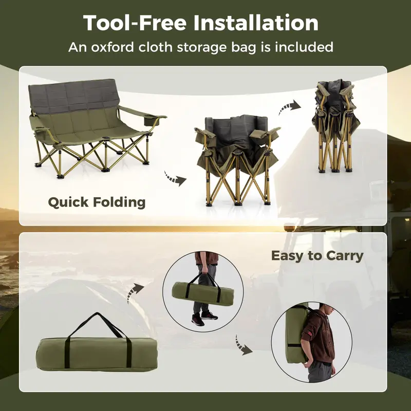 Compact Two-Person Folding Loveseat Chair — Ideal for Patios, Campsites, and Backyards