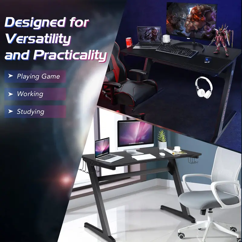 Complete Gaming Workstation Bundle: Racing Chair, Desk with Mouse Pad, Cup Holder & Headphone Hook