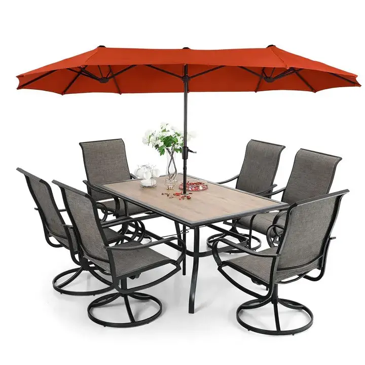 Complete Outdoor Dining Set – 8-Piece Patio Table and Chair Ensemble with Swivel Sling Seating and Canopy Umbrella